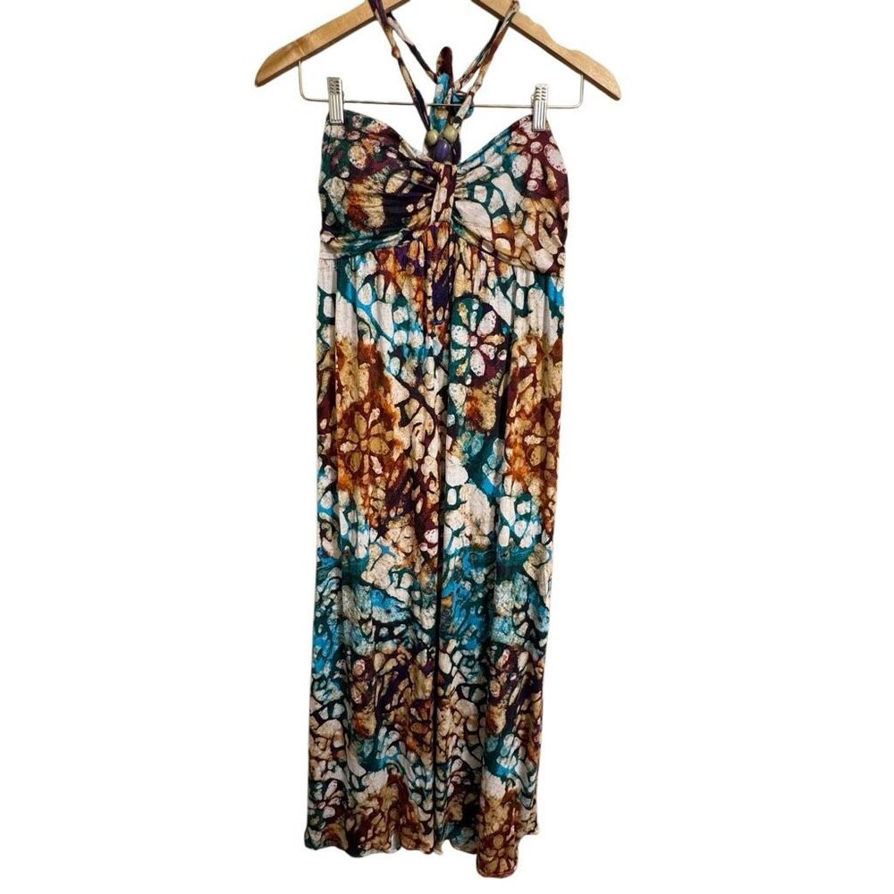American Rag Boho Colorful Batik-Print Beaded Halter Maxi Dress Large